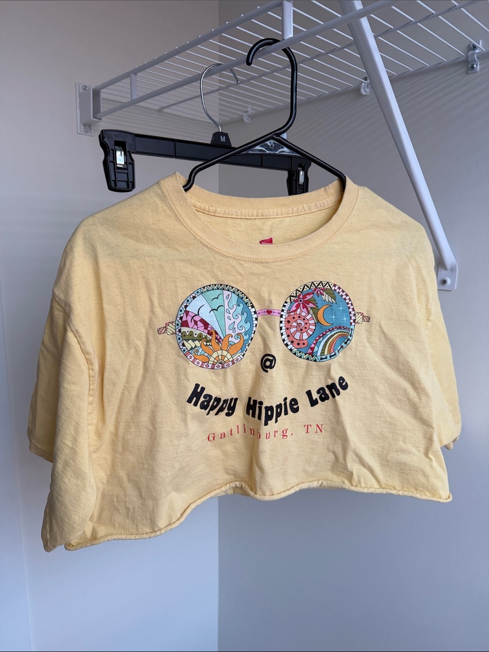Hanes Yellow Cropped Graphic Tee with Colorful Sunglass Design